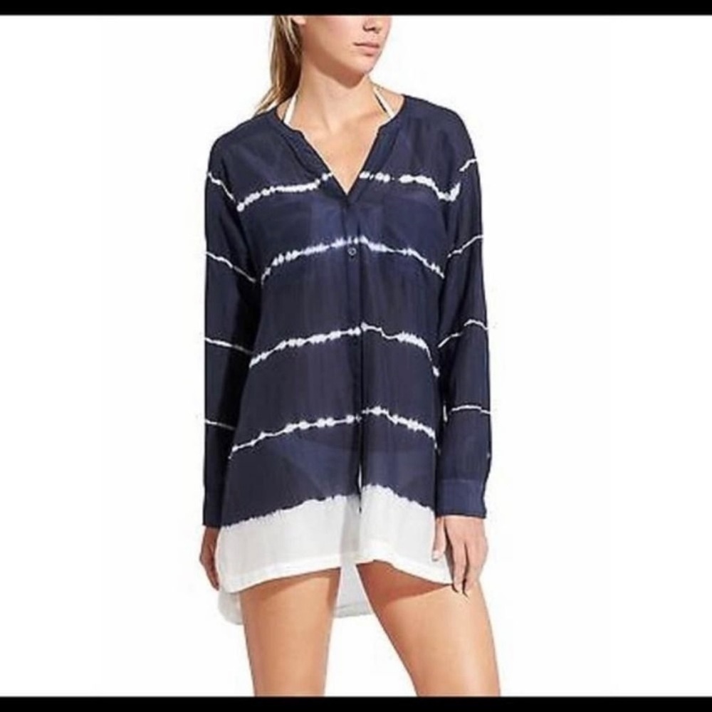 Athleta Silk Cotton Blend Long Sleeve Button Down Navy Tie-dye Tunic Top XS.